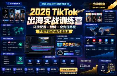 2026 TikTok出海实战训练营，环境配置 + 剪辑 + 全变现路径，手把手教你做跨境玩法