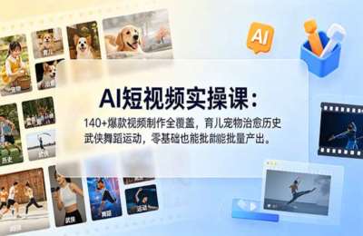 AI短视频实操课：140+爆款视频制作全覆盖，育儿宠物治愈历史武侠舞蹈运动，零基础也能批量产出