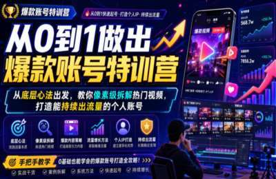 从0到1做出爆款账号特训营，从底层心法出发，教你像素级拆解热门视频，打造能持续出流量的个人账号