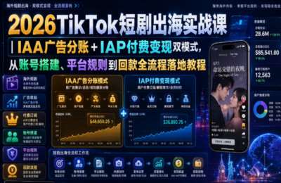 2026TikTok短剧出海实战课｜IAA广告分账+IAP付费变现双模式，从账号搭建、平台规则到回款全流程落地教程
