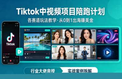 某大佬的Tiktok中视频玩法陪跑，涵盖TK各个赛道玩法教学，从0到1出海賺美金