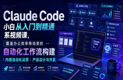 Claude Code小白从入门到精通系视频课，覆盖办公效率等场景的自动化工作流构建内容自动化运营产品设计与开发