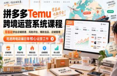 拼多多Temu跨境运营系统课程，零基础学会店铺搭建、风险评估、爆款选品、店铺管理，吃透跨境店铺日常核心运营工作